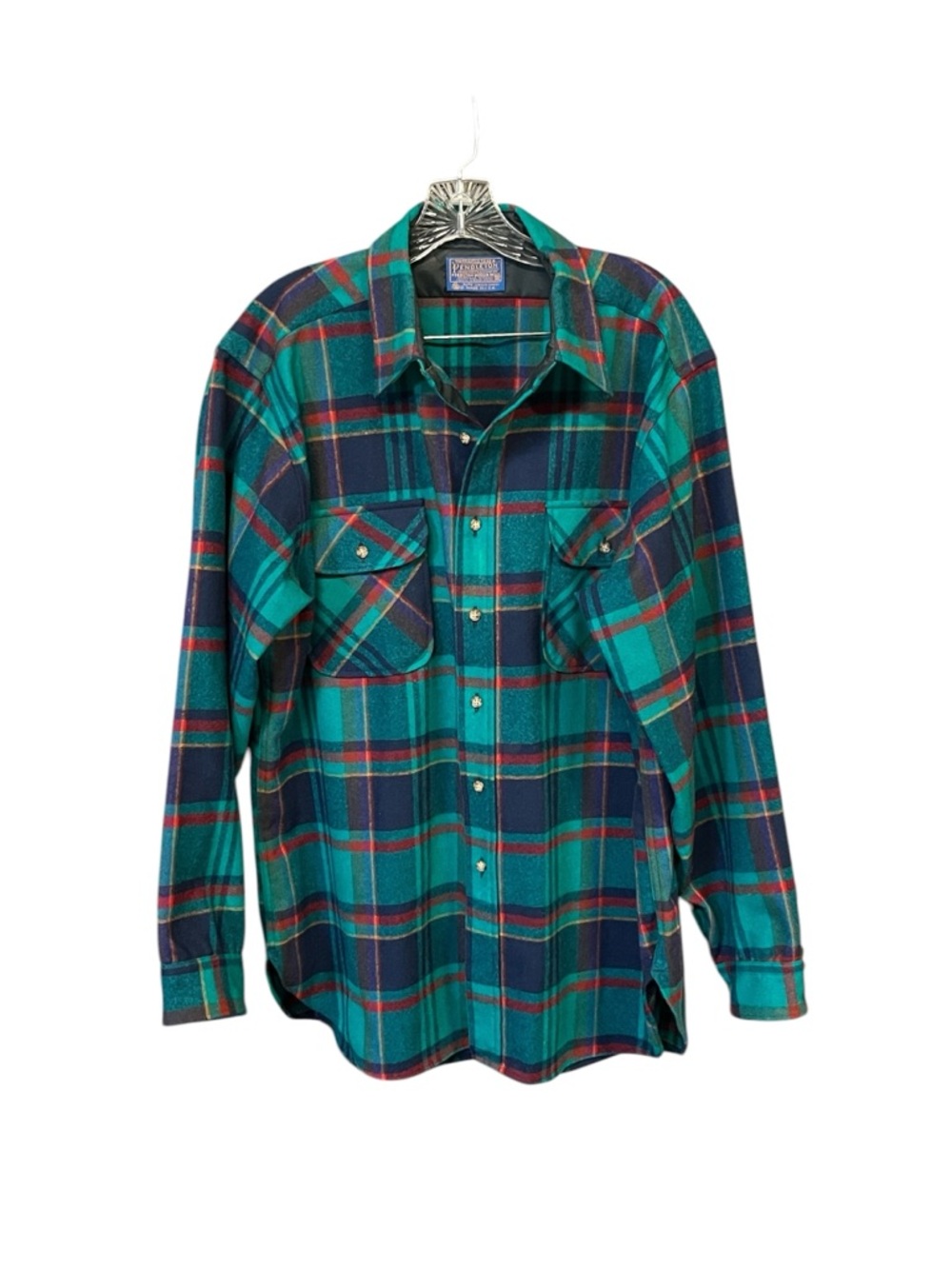 Pendleton woolen mills virgin wool shirt men XL plaid green purple button up vtg